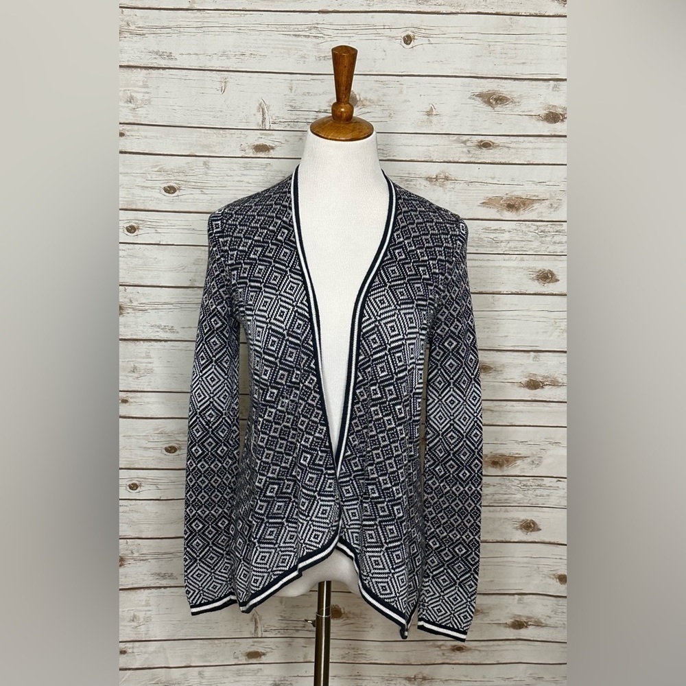 LOFT navy blue/white geo-print cotton open cardigan sweater
